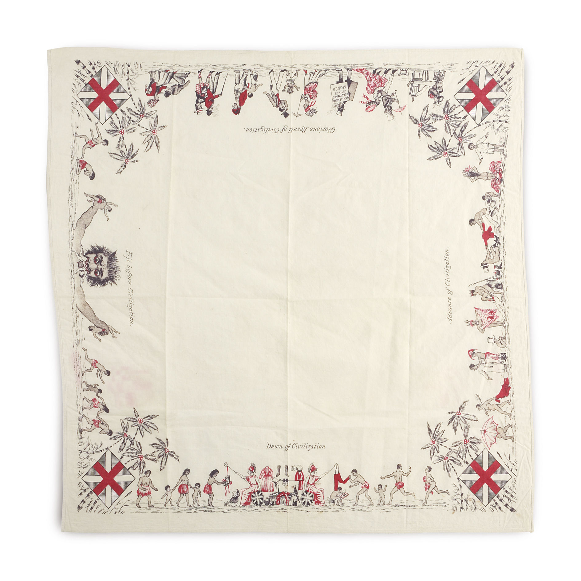 A Victorian Print on Cotton Handkerchief Depicting ‘The Civilisation of Fiji’